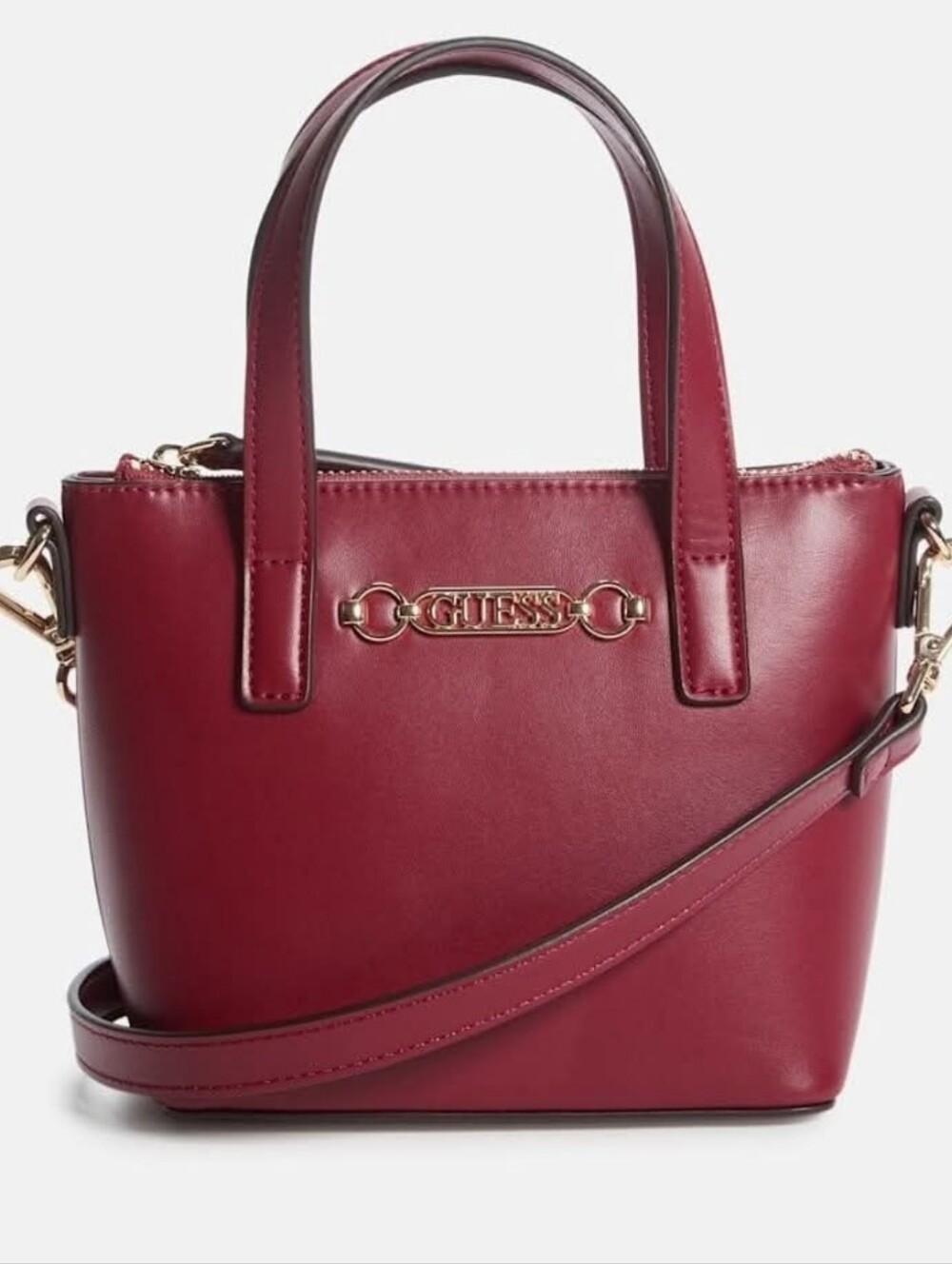 GUESS Wine Red Mini Tote with Gold Hardware